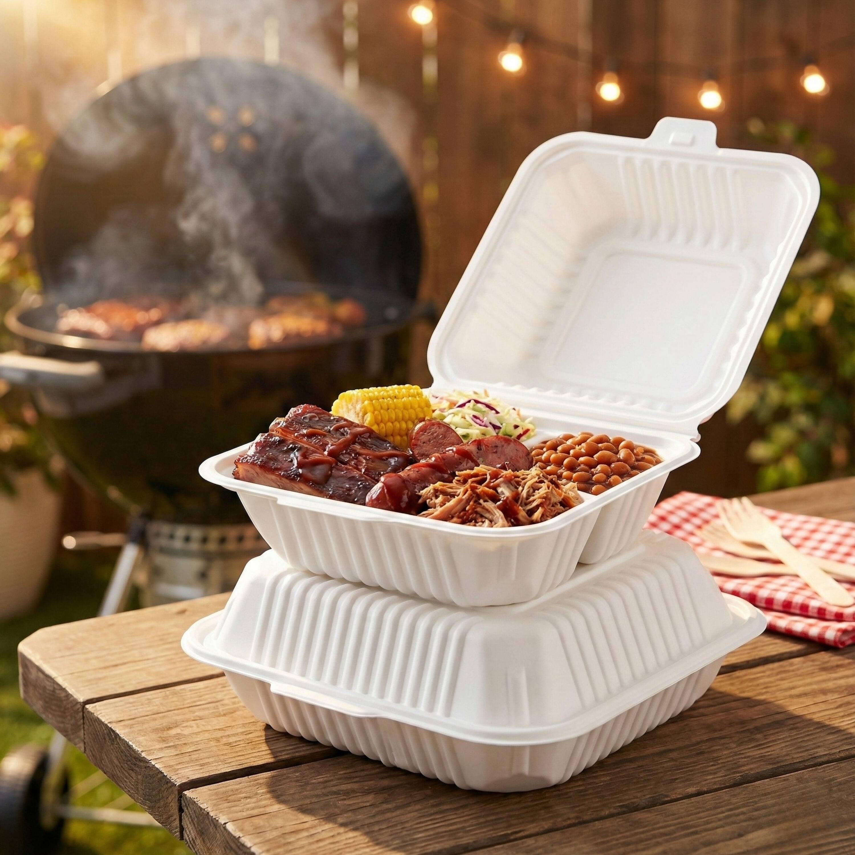 Alt View 7. Eco Harmony Products - Clamshell (MFPP) Hinged Container (Center Slide), 9.5" x 9.25", 150-Pack - White.