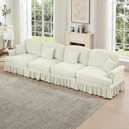 Front. Anysun - Mid-Century Chenille 4-Seat Sofa - Flared Arms, Ruffled Skirt & Spindle Legs for Living Room - Beige.
