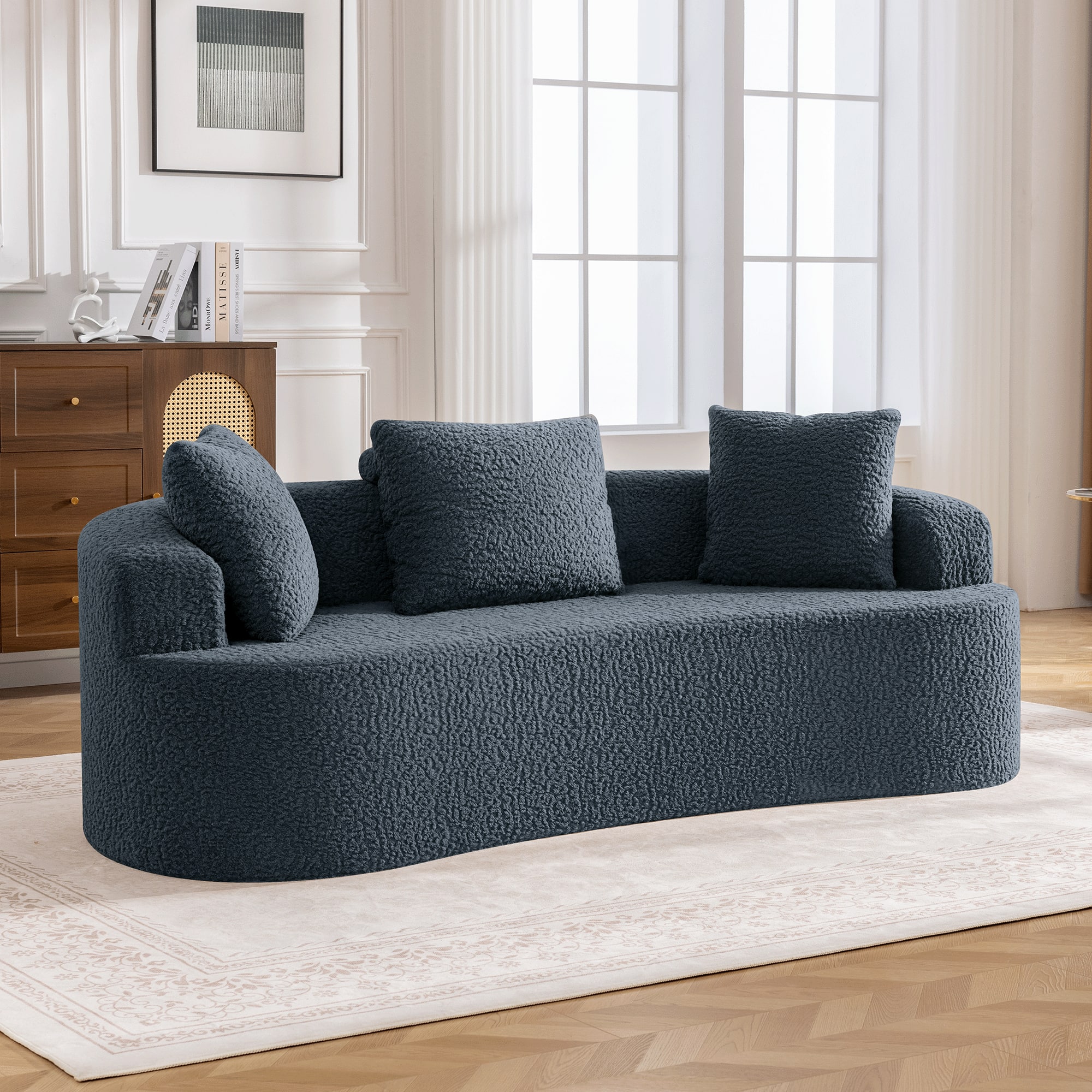 KERDOM - 80" Curved Loveseat for Small Space, Modern Teddy Sofa Couch with 3 Pillows for Apartment, Bedroom, No Assembly Required - Navy