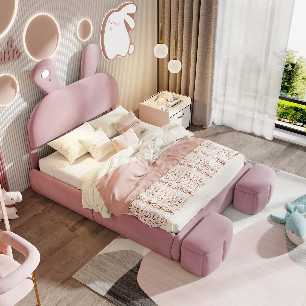 Left. Loheer - Loheer Full Size Platform Bed Pink Upholstered Cartoon Ears Headboard Kids Velvet Bed with LED Light - Pink.