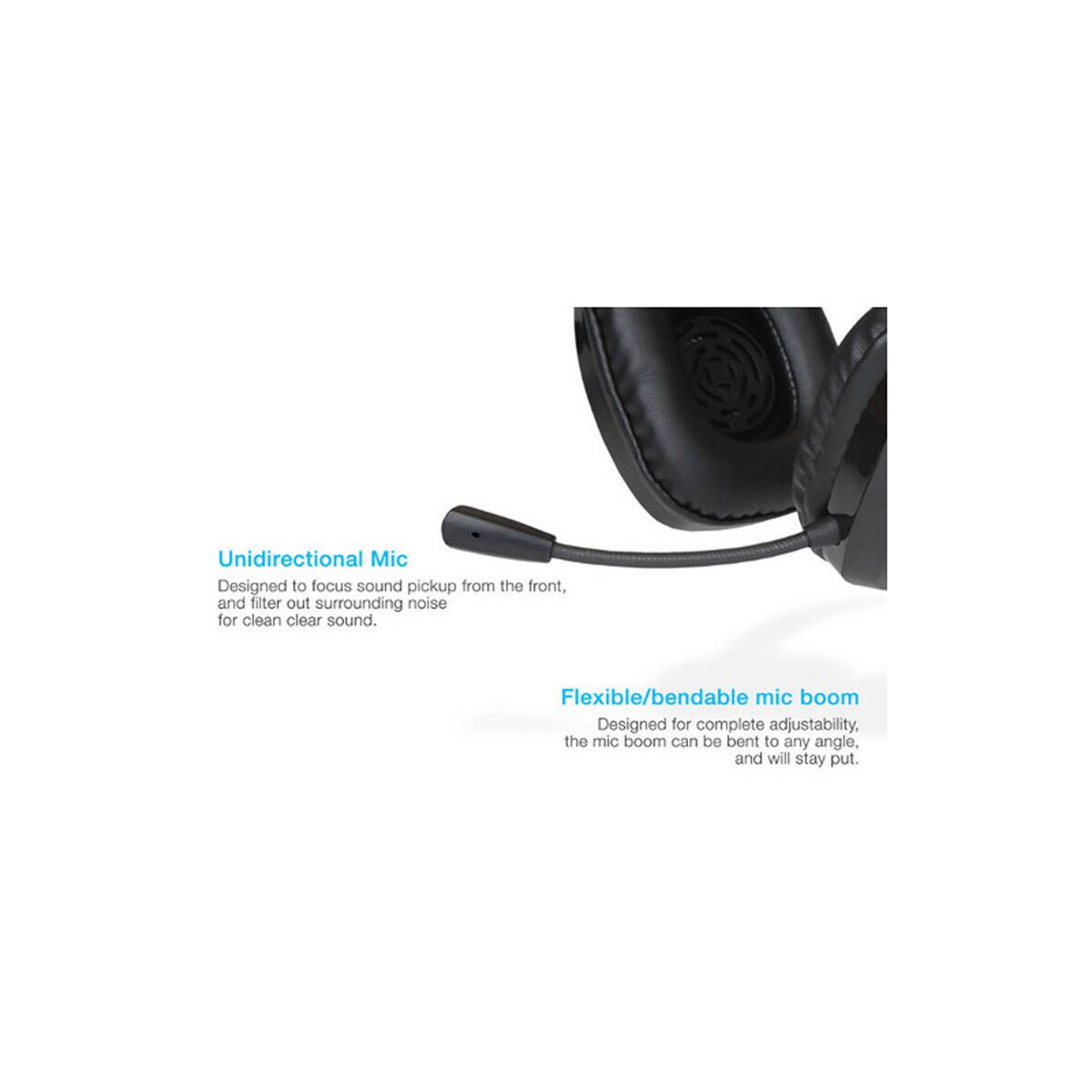 Unidirectional Mic  
Designed to focus sound pickup from the front, and filter out surrounding noise for clean clear sound.

Flexible/bendable mic boom  
Designed for complete adjustability, the mic boom can be bent to any angle, and will stay put.