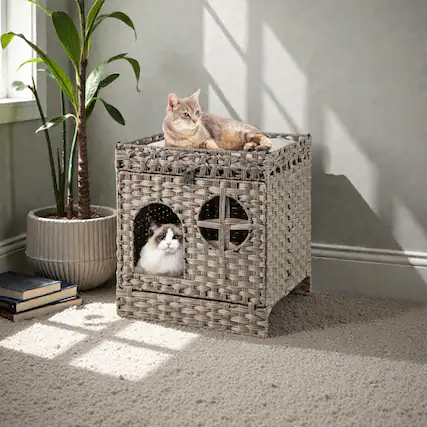 Front. BreeBe - 2-Tier Foldable Woven Rattan Cat Litter Enclosure with Mat - Grey.