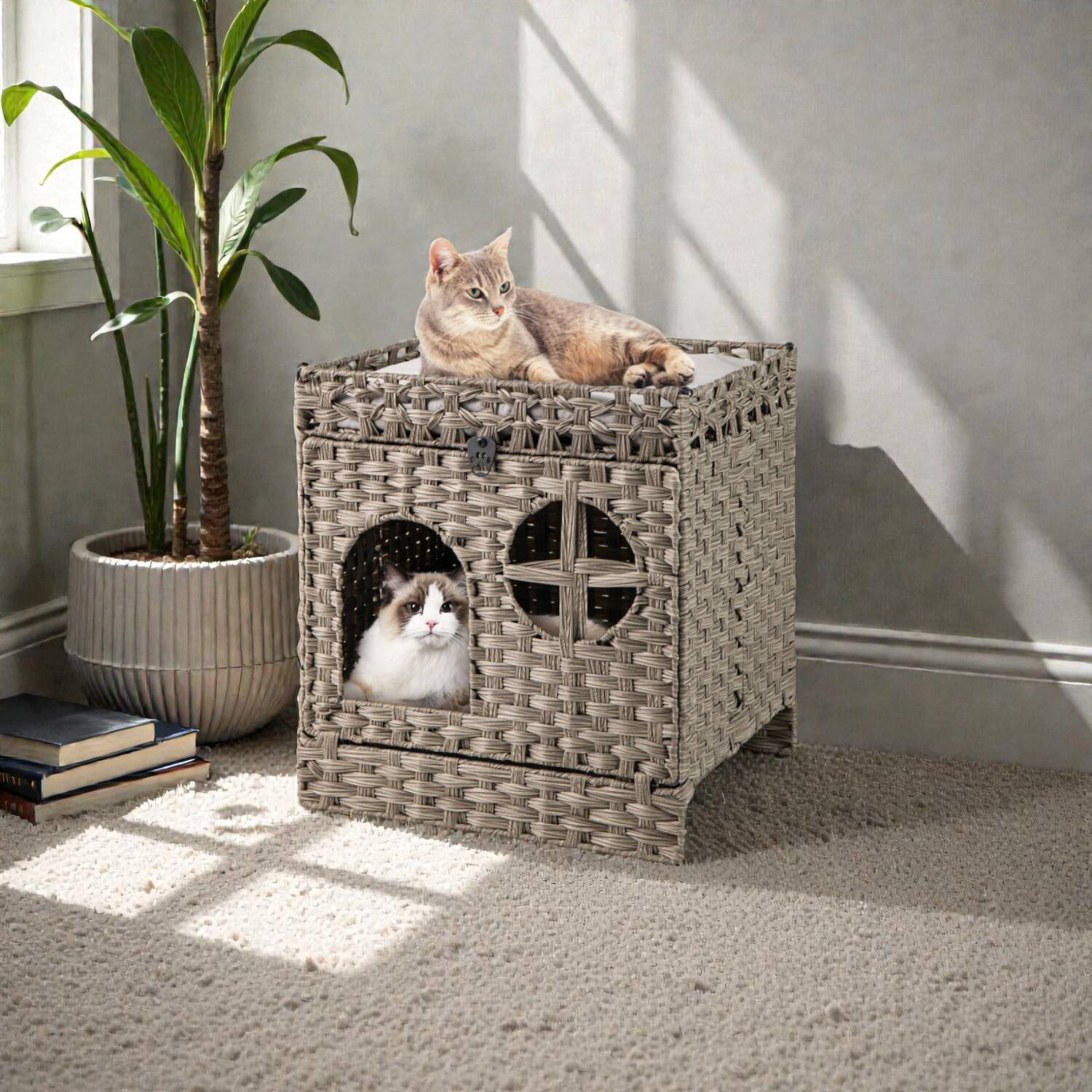Front. BreeBe - 2-Tier Foldable Woven Rattan Cat Litter Enclosure with Mat - Grey.