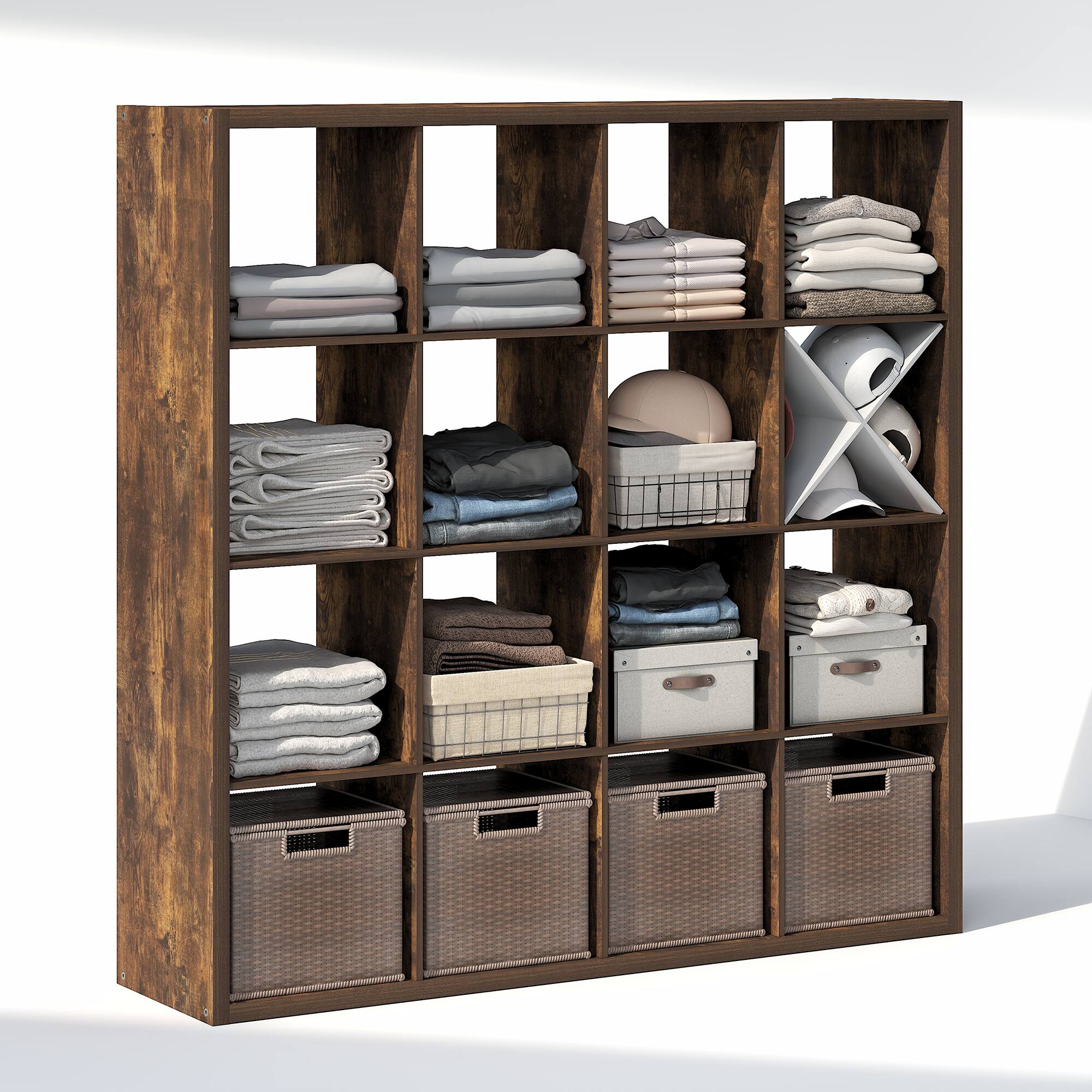 Front. Furinno - CUBIC Closet Organizers, 16-Cube Closet Organizer, Open Shelf, Extra Thick Frame, for Wardrobe, Bedroom, Living Room - Amber Pine.