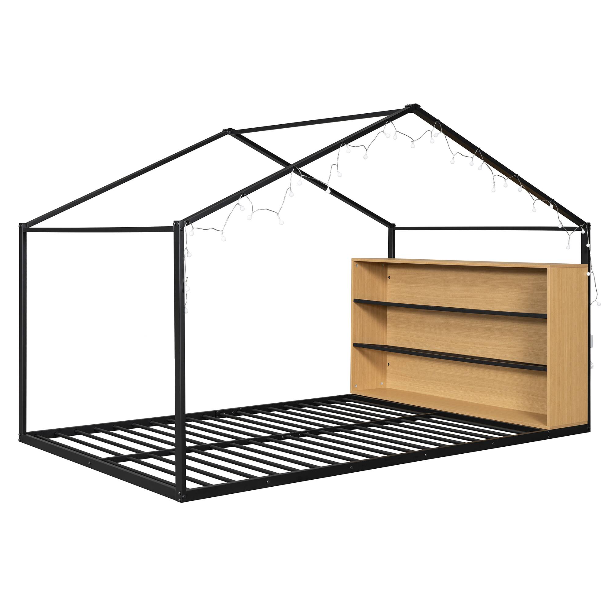 Alt View 2. GOODSILO - Full Size Metal House Bed Frame with Shelves and Lights - Black.