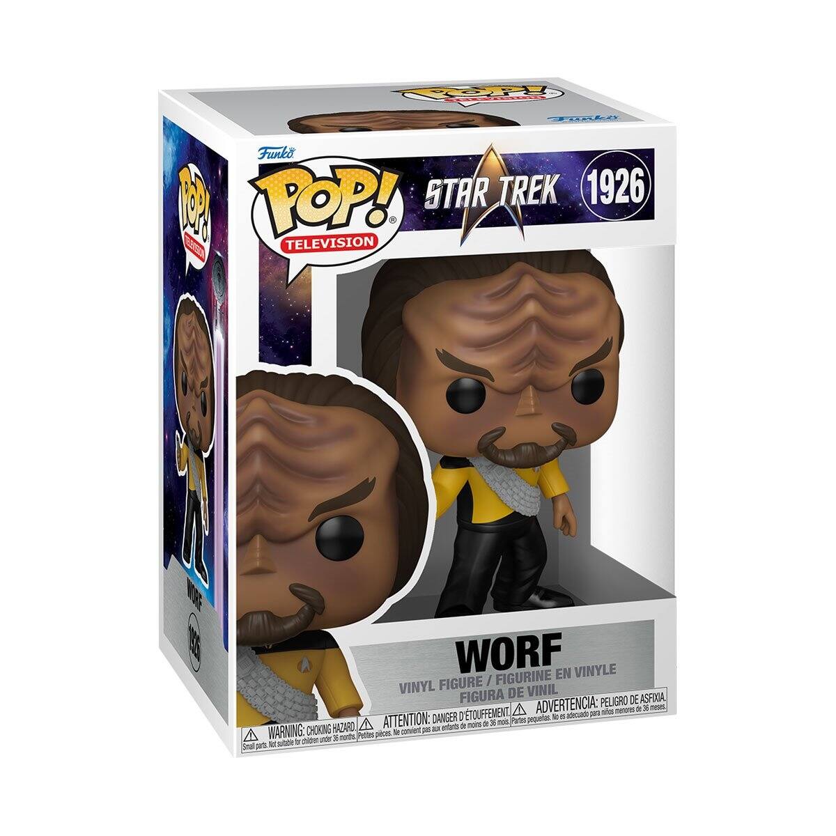 POP! STARWORD  
Funko C POP! STAR TREK 1926 TELEVISION  
WORF FIGURINE EN VINYLE FIGURE / VINYL DE VINIL FIGURA DE VINIL  
ADVERTENCIA: PELIGRO DE ASFIXIA, 4 menores 26 36 meses, TOUFFEMENT, adecuado para mitos ATTENTION: DANGER D'ETOUFFEMENT, 5 de moins de 35 nois, WARNING: CHOKING HAZARD connent pas aux enfants Pettes pieces. Ne children under 36 months. Not suitable for children under 36 months.