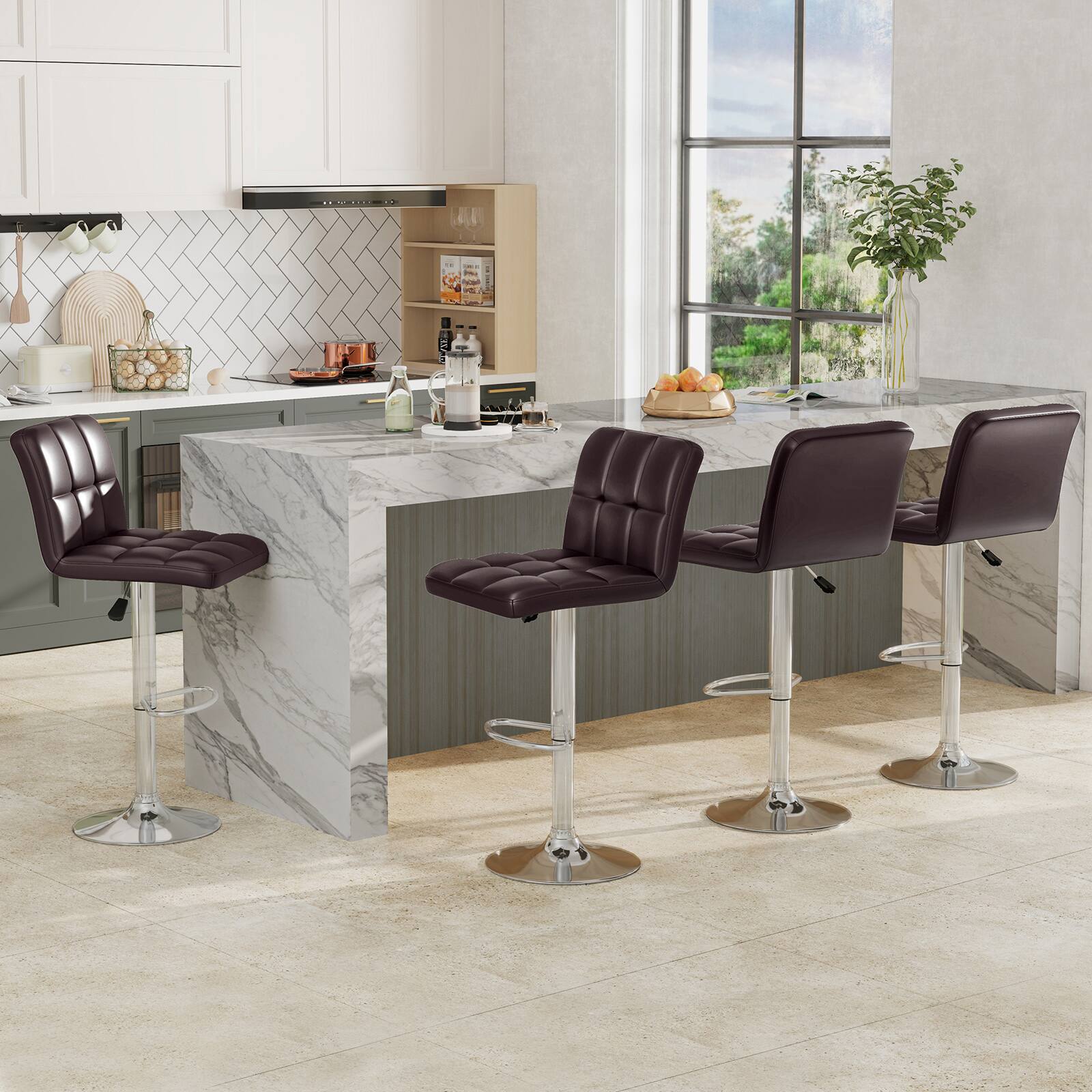 Alt View 4. Gymax - Gymax Set of 4 PU Leather Bar Stool Swivel Bar Chair w/ Adjustable Height Brown - Brown.