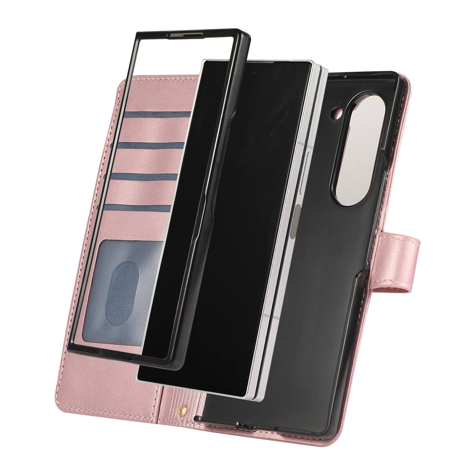 Alt View 1. Dteck - Shockproof Wallet Case for Samsung Galaxy Z Fold7 with Crossbody Strap, Zipper Pocket PU Leather TPU Folio Stand Cover - Rosegold.