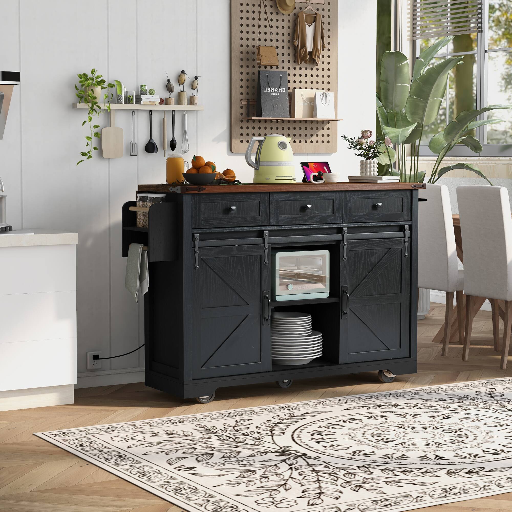 Alt View 5. ELEMENT ACE - Farmhouse Kitchen Island with Power Outlet, Drop Leaf, and Sliding Barn Doors for Versatile Storage - Black.
