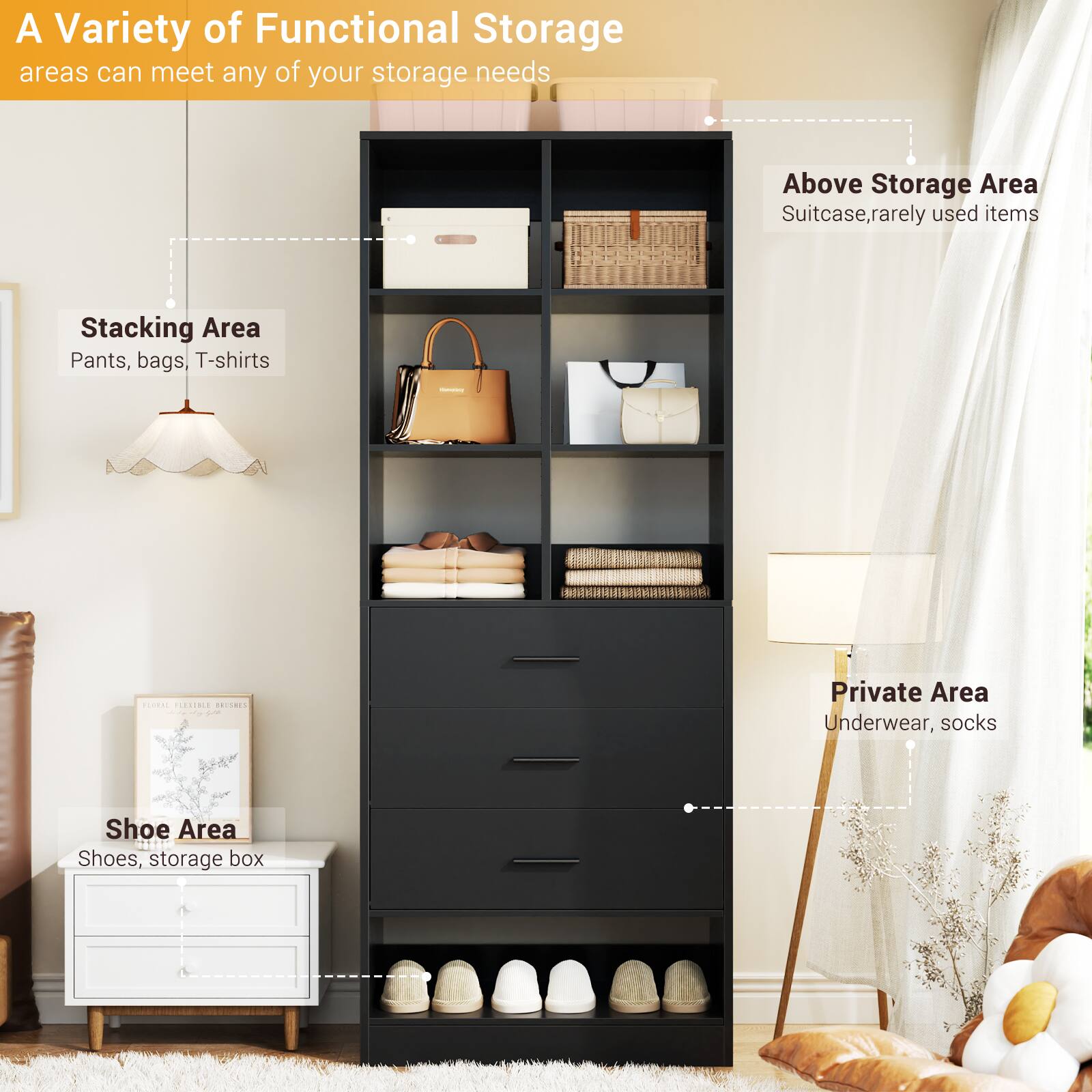 A Variety of Functional Storage areas can meet any of your storage needs

- Above Storage Area: Suitcase, rarely used items
- Stacking Area: Pants, bags, T-shirts
- Shoe Area: Shoes, storage box
- Private Area: Underwear, socks