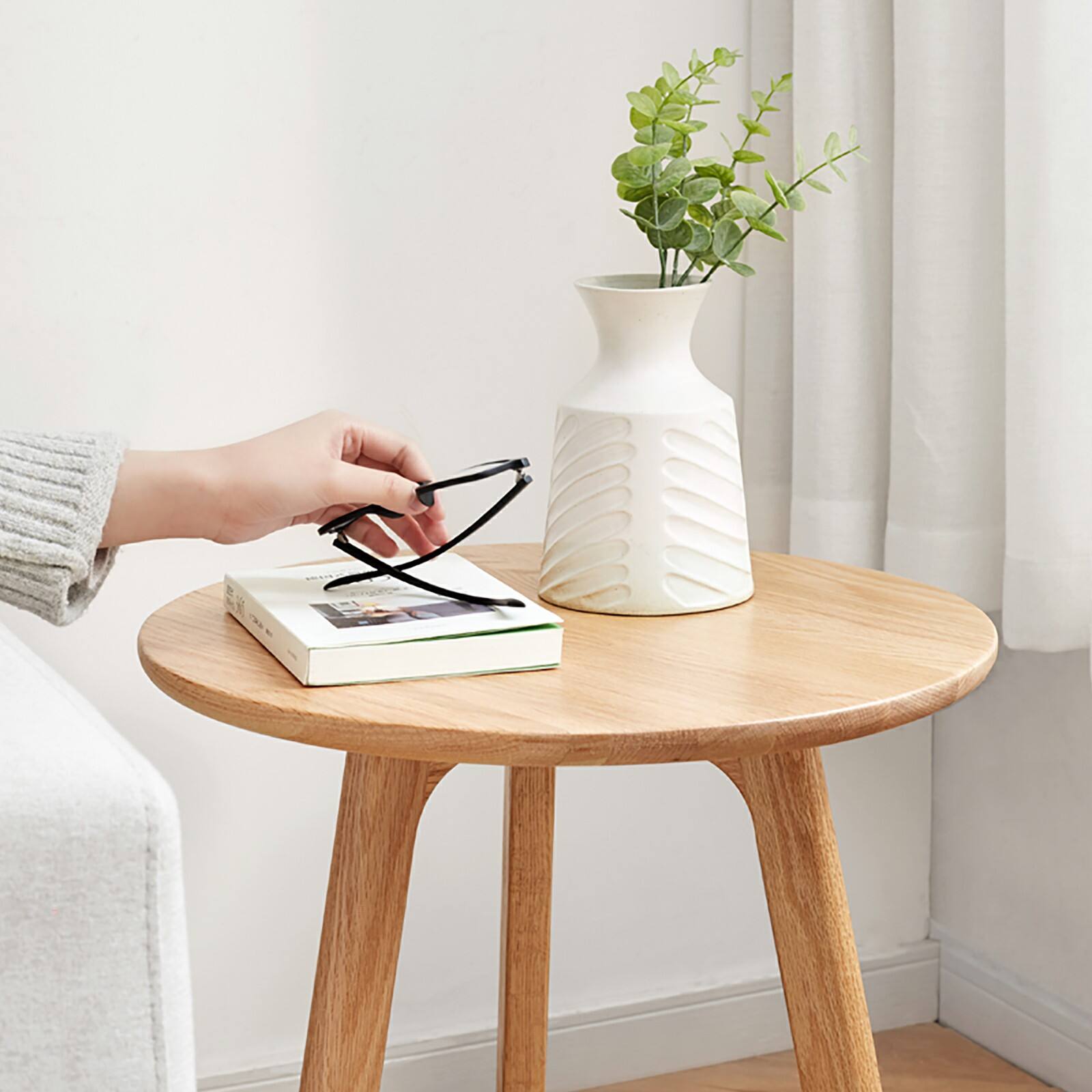 Left. Bestier - Round End Table Solid Wood Coffee Table Night Stand for Living Room Bedroom & Balcony - Natural Wood.