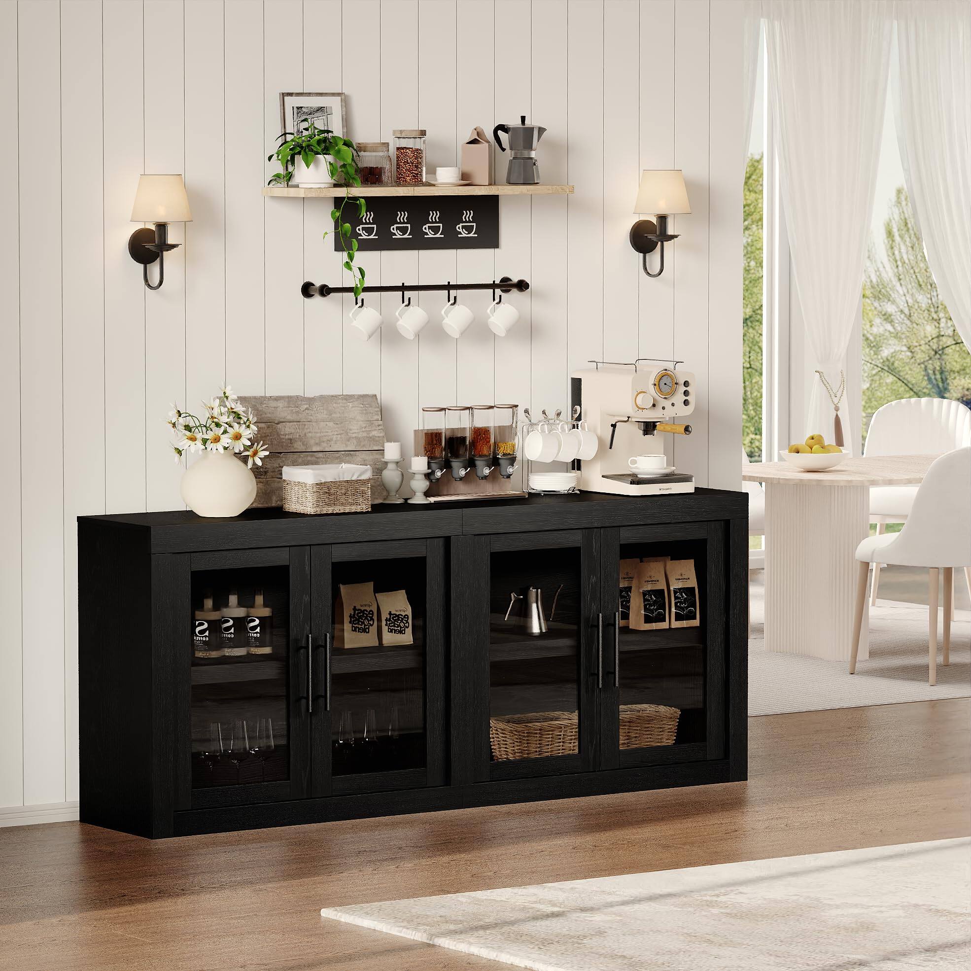 Alt View 1. Acekool - 70.8" Sideboard Buffet Cabinet, Mid Century Modern Accent Cabinet with 4 Doors, Wood Coffee Bar Media Console Credenza - Black.