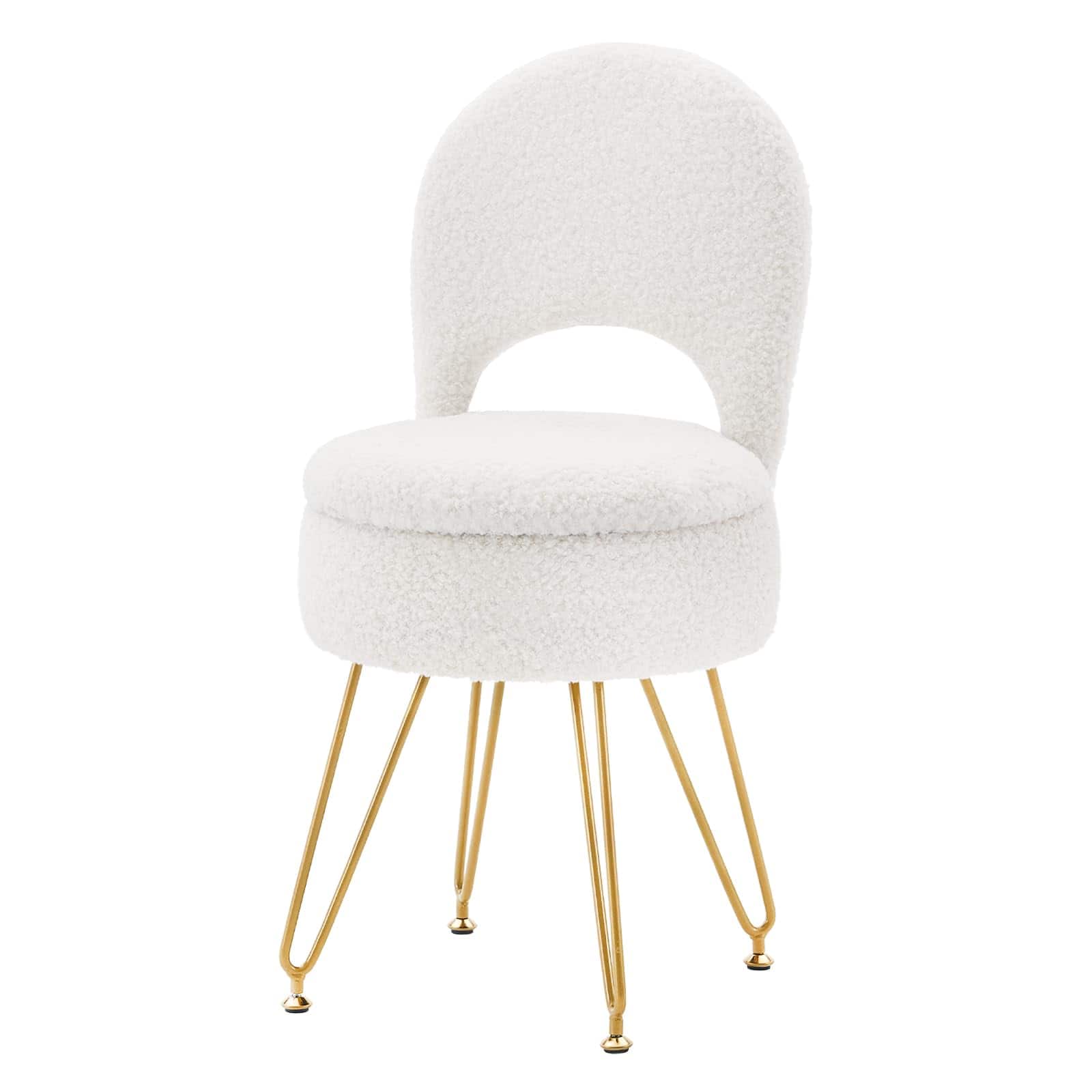 JETRANSPORT - Storage Ottoman Vanity Stool Chair Folding Teddy Makeup Multifunctional Upholstered Footstool Metal - White Small