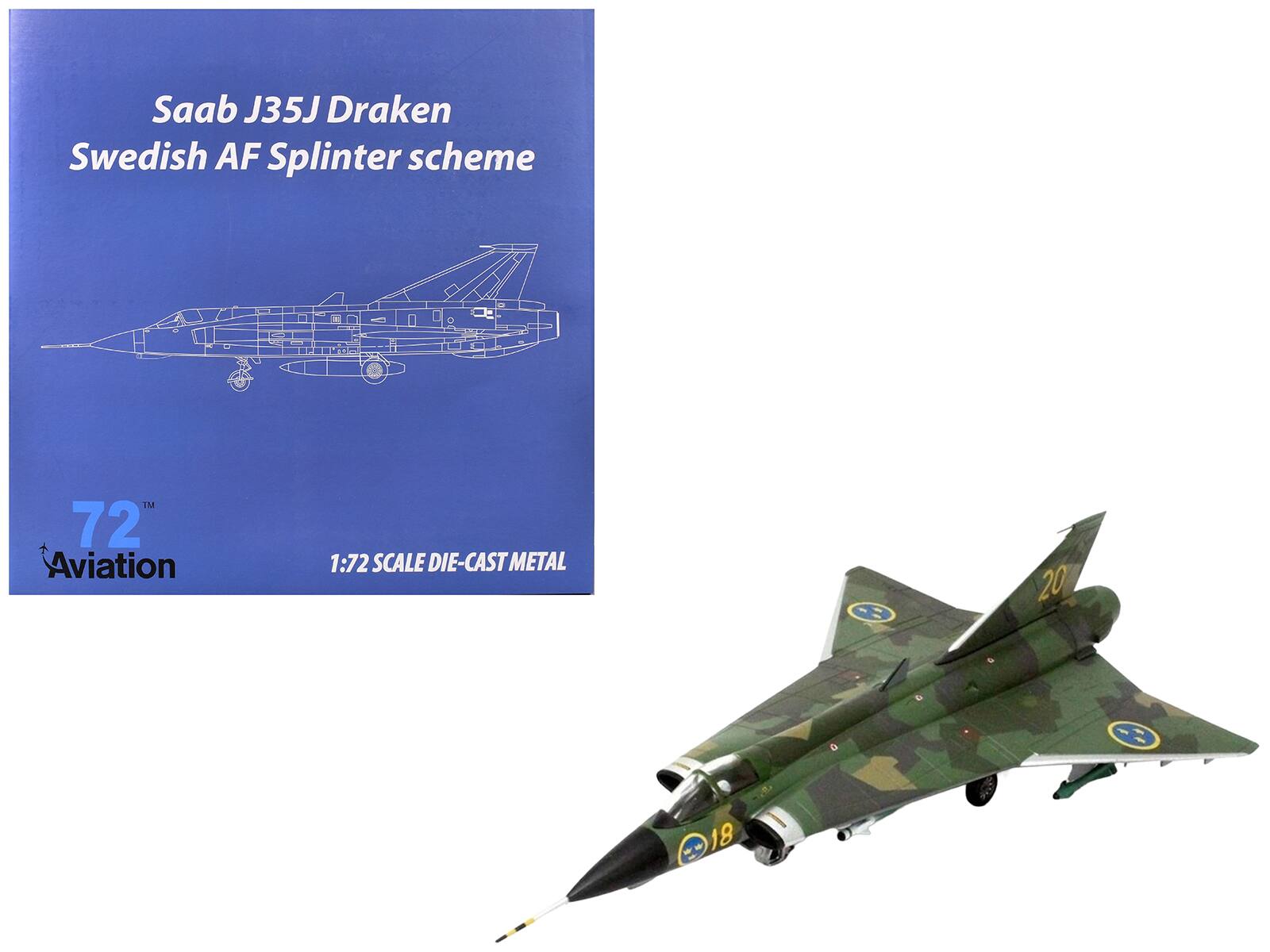 Saab J35J Draken Fighter Aircraft "Splinter Camouflage Scheme" (1972) Swedish Air Force 1/72 Model by Aviation 72