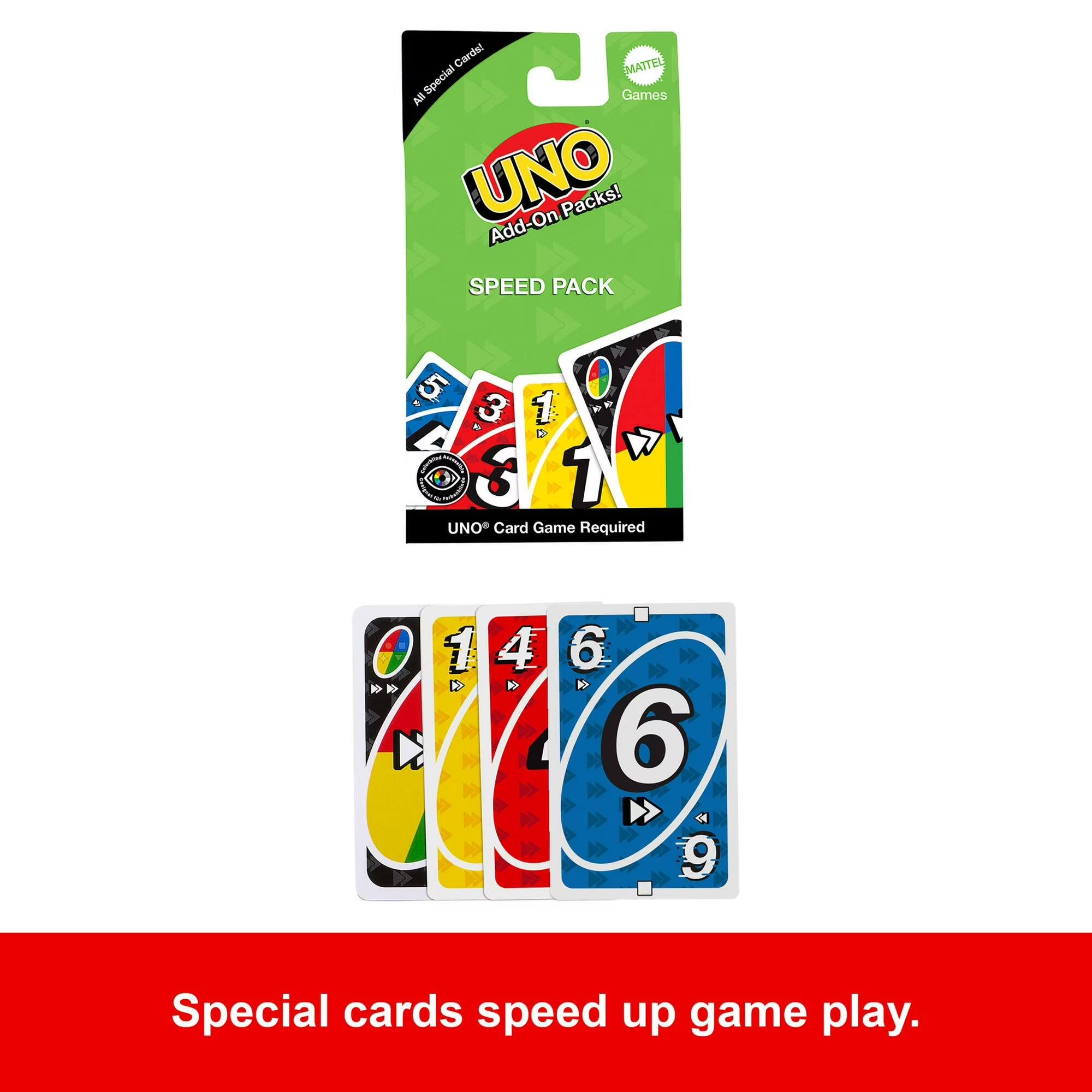 Carda MATTEL Special Games Al UNO Add-On Packs! SPEED PACK 5 0 - 3 1 D - D W I 1 G UNO* Card Game Required 1 4 t 6 6 V Special cards speed up game play.