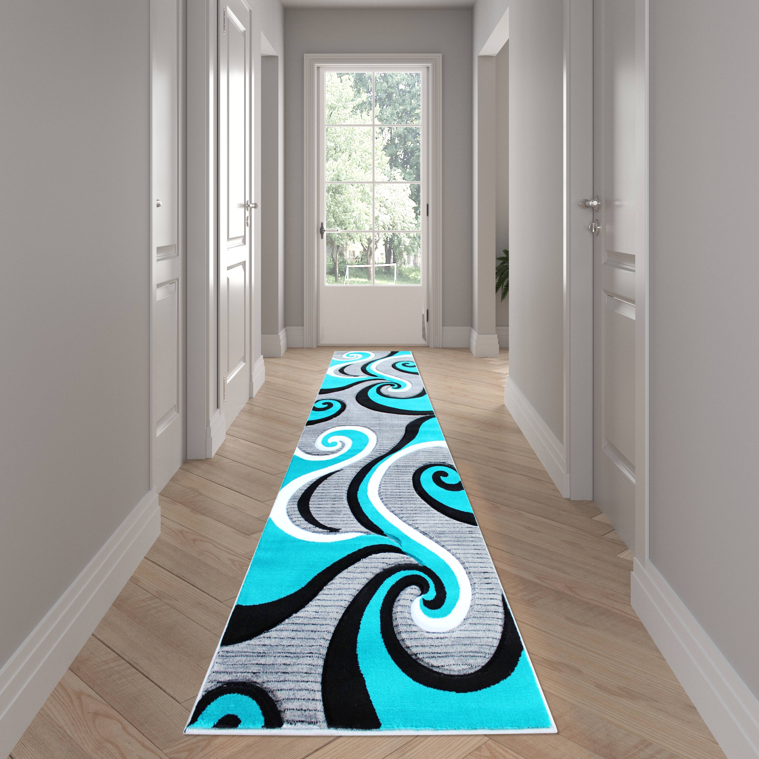 Front. Emma + Oliver - Modal Accent Rug with Modern 3D Sculpted Swirl Pattern and Varied Texture Piling - Turquoise.