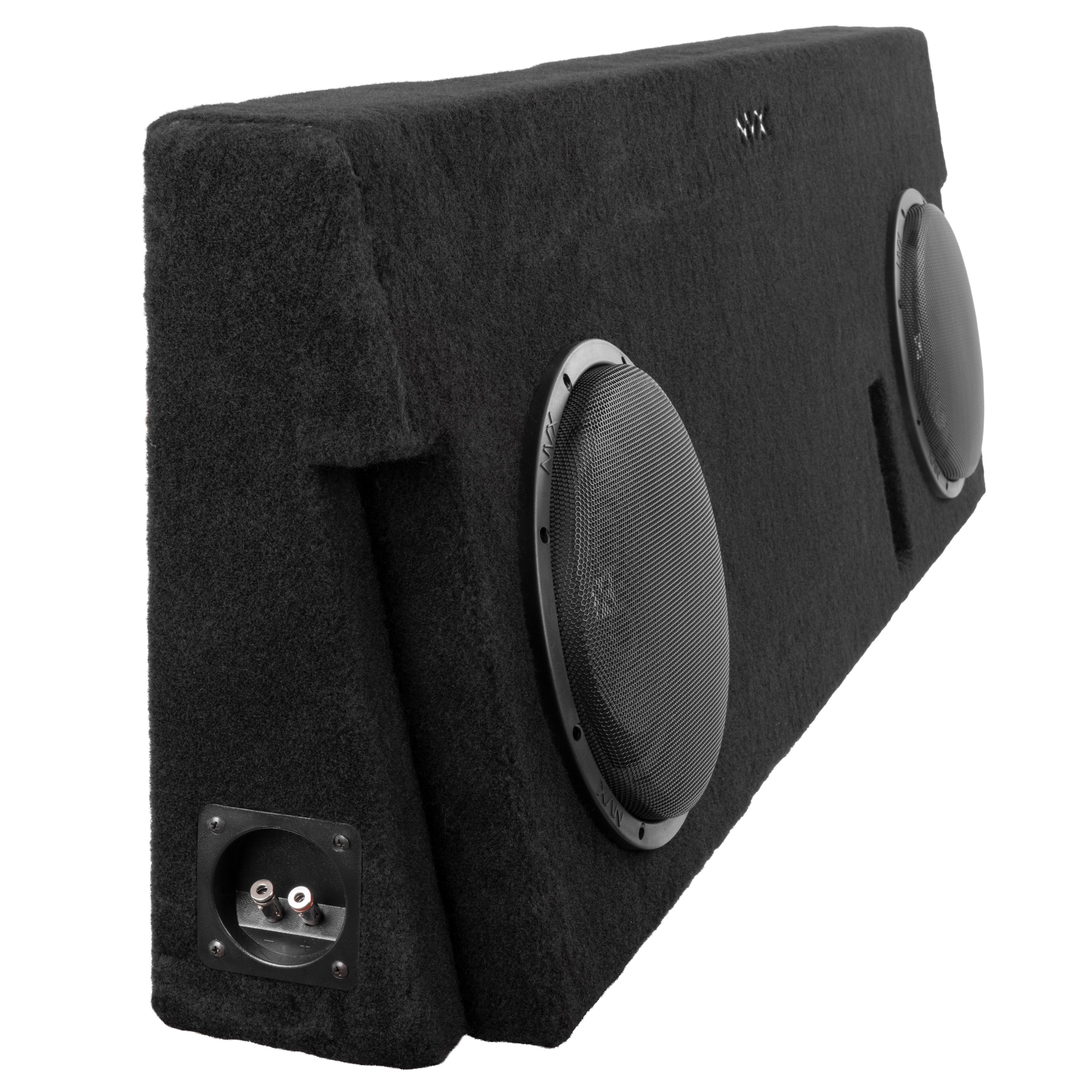 Left. NVX - Custom Fit 700W RMS Dual 10in Sealed Loaded Subwoofer Enclosure for 2014-2021 Toyota Tundra Crew Max Trucks.