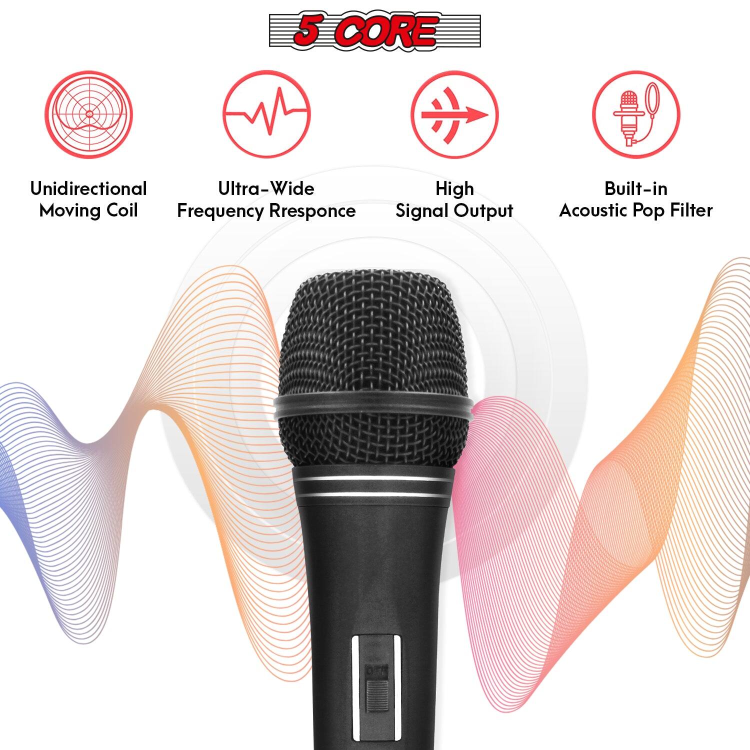 The corrected text is:

5 CORE
Unidirectional Ultra-Wide High Moving Coil Frequency Response Signal Output Built-in Acoustic Pop Filter