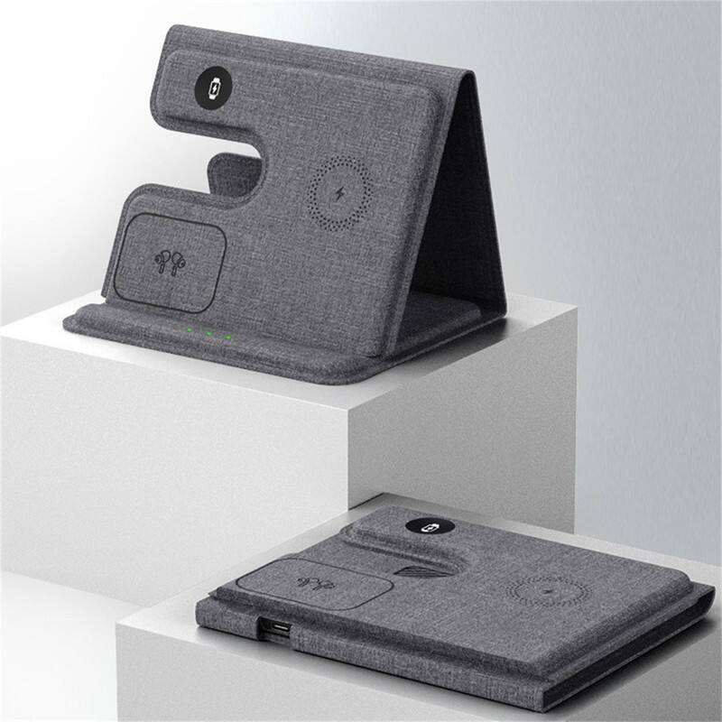 Alt View 2. RISOKEYS - Power Adapter - 15W Wireless Fast Charging Leather Foldable 3-in-1 Wireless Charger - Supports Wireless Charging Phones - Gray.