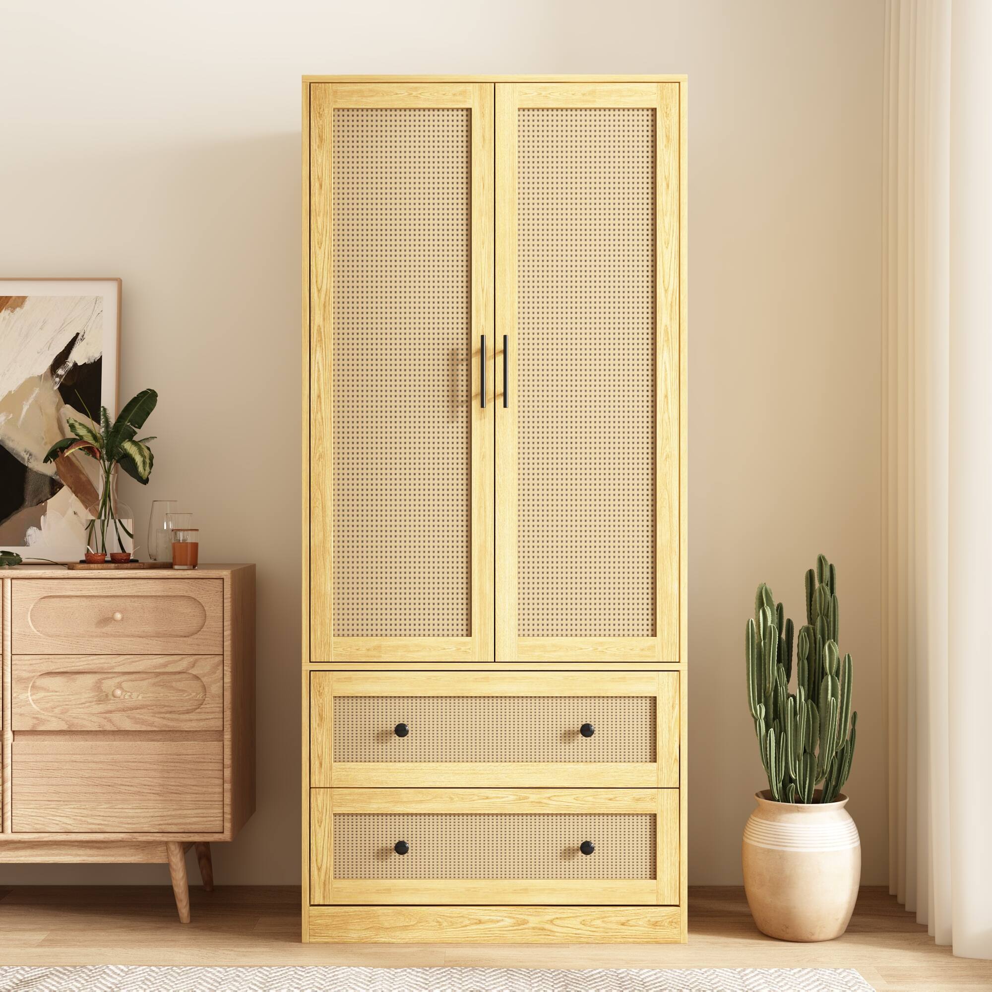 Front. Famapy - Rattan & Wood Grain Double Door Wardrobe – Natural Style Closet with Hanging Rods, Drawers & Silent Rails - Wooden.