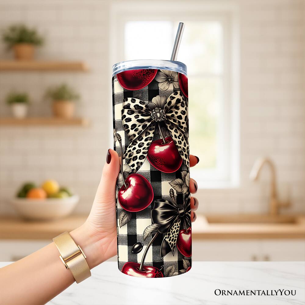 Left. OrnamentallyYou - Coquette Cherries And Bows 20oz Tumbler With Stainless Steel Straw - Multicolored.