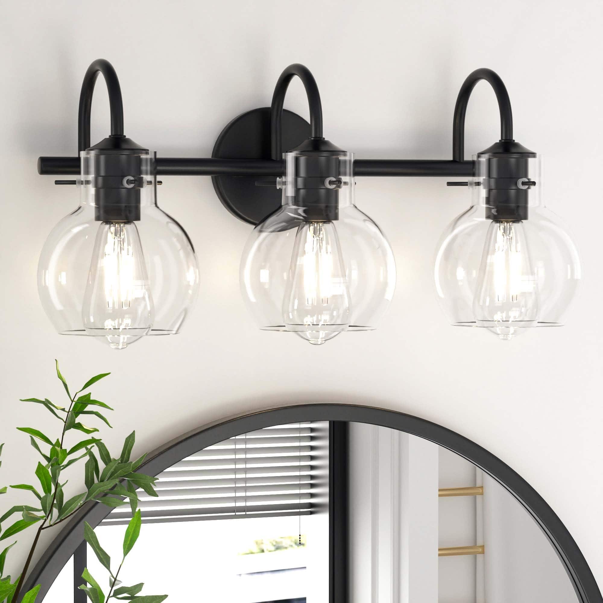 PAIHOME - Bathroom Vanity Light 21" Modern 3-Light Bathroom Light Fixtures over Mirror with Clear Glass Shade E26 Base Wall Sconce - Black