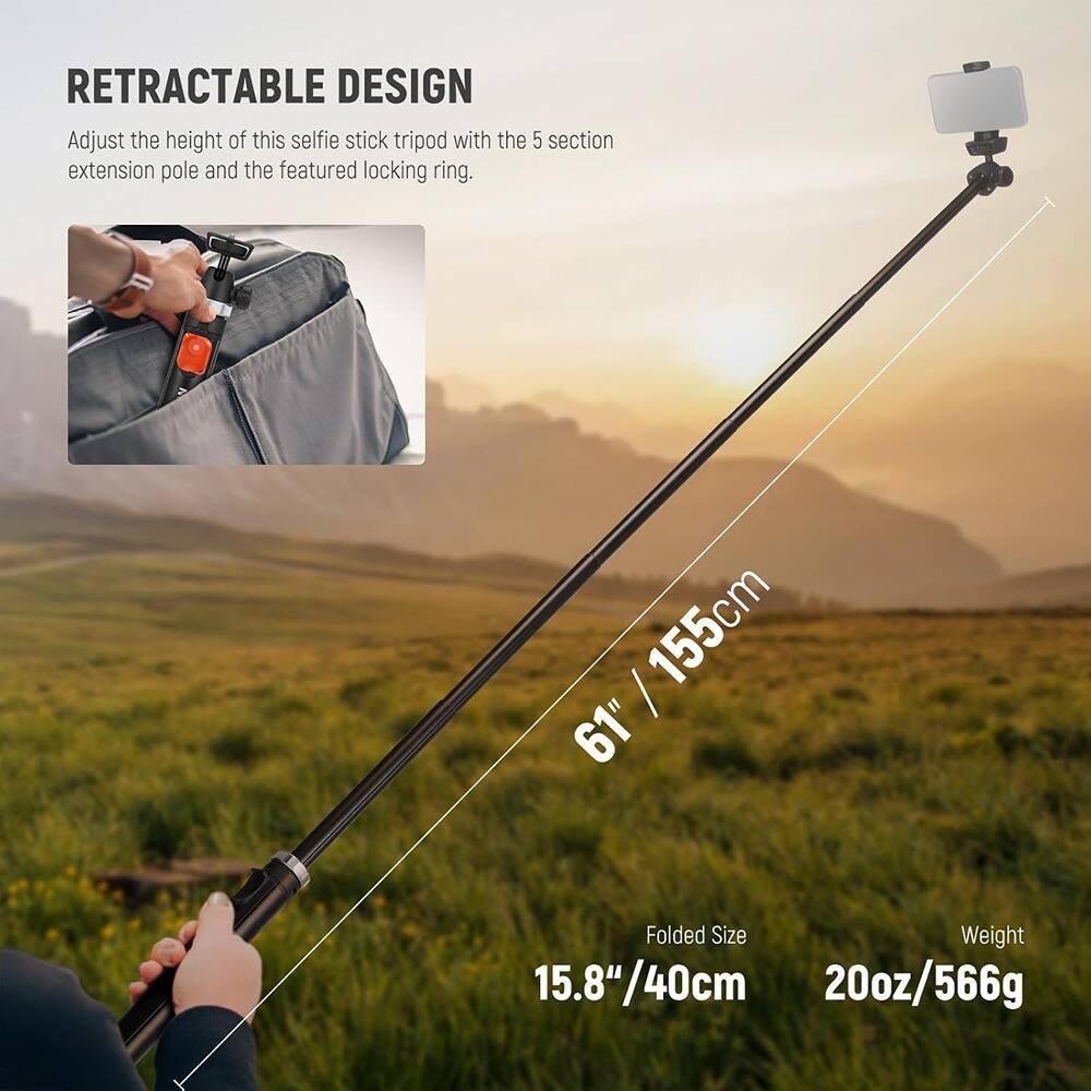 **RETRACTABLE DESIGN**

Adjust the height of this selfie stick tripod with the 5 section extension pole and the featured locking ring.

- **Folded Size:** 15.8" / 40cm
- **Weight:** 20oz / 566g
- **Extended Size:** 61" / 155cm