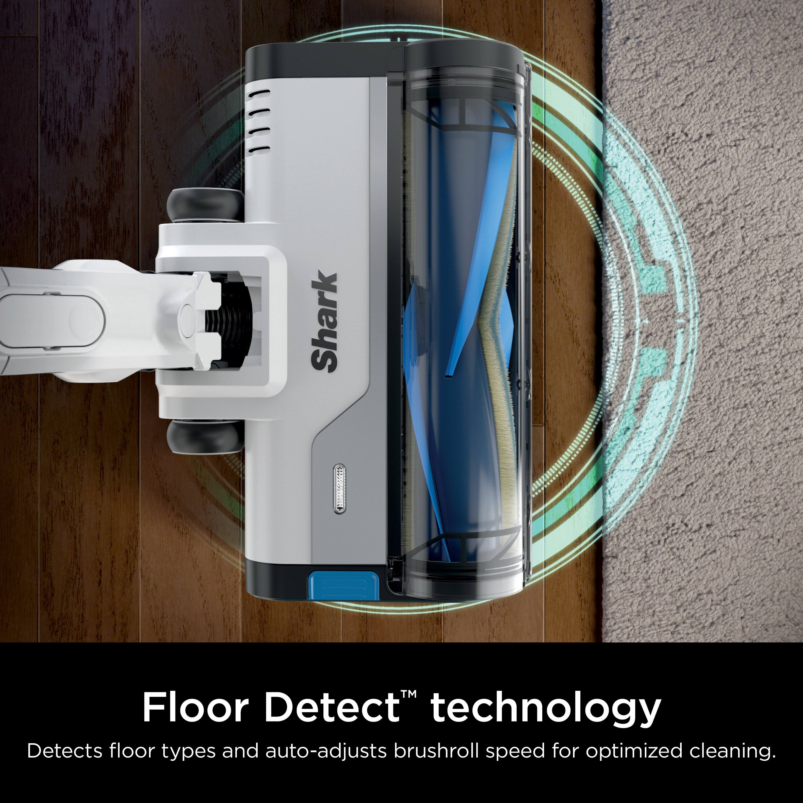 Shark Floor Detect technology detects floor types and auto-adjusts brushroll speed for optimized cleaning.
