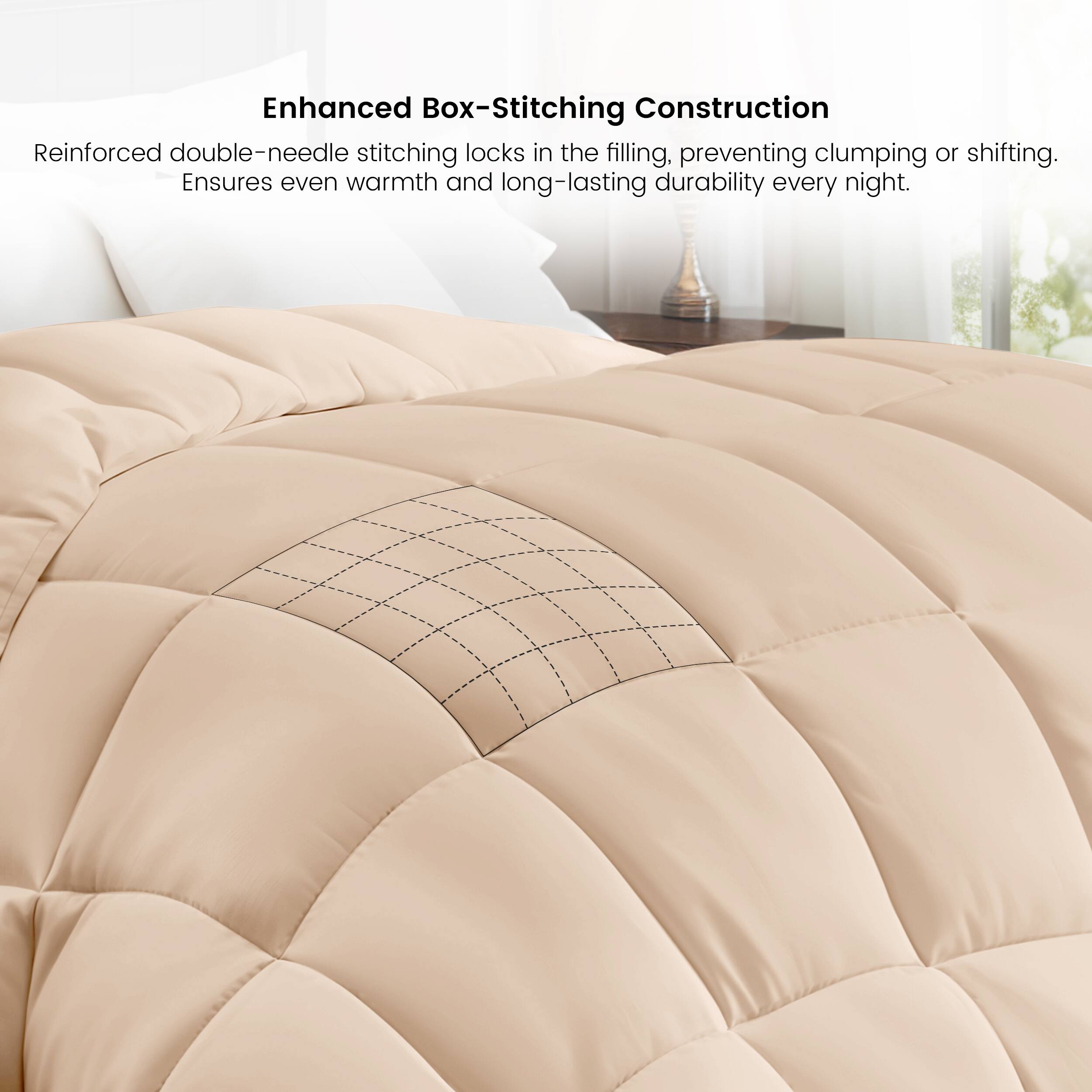 Enhanced Box-Stitching Construction

Reinforced double-needle stitching locks in the filling, preventing clumping or shifting. Ensures even warmth and long-lasting durability every night.