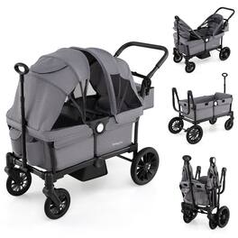 Costway - Collapsible Push Pull Double Stroller Wagon with Adjustable Handle Bar, Removable Canopy - Gray