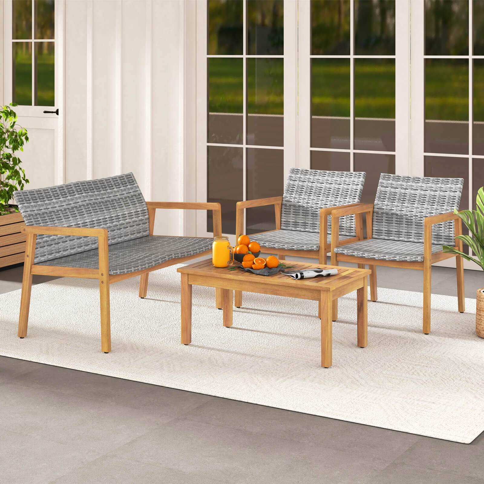 Alt View 3. Costway - Costway 4 PCS Outdoor Furniture Set, Acacia Wood Frame Sofa Set with Rattan Seat - Gray.