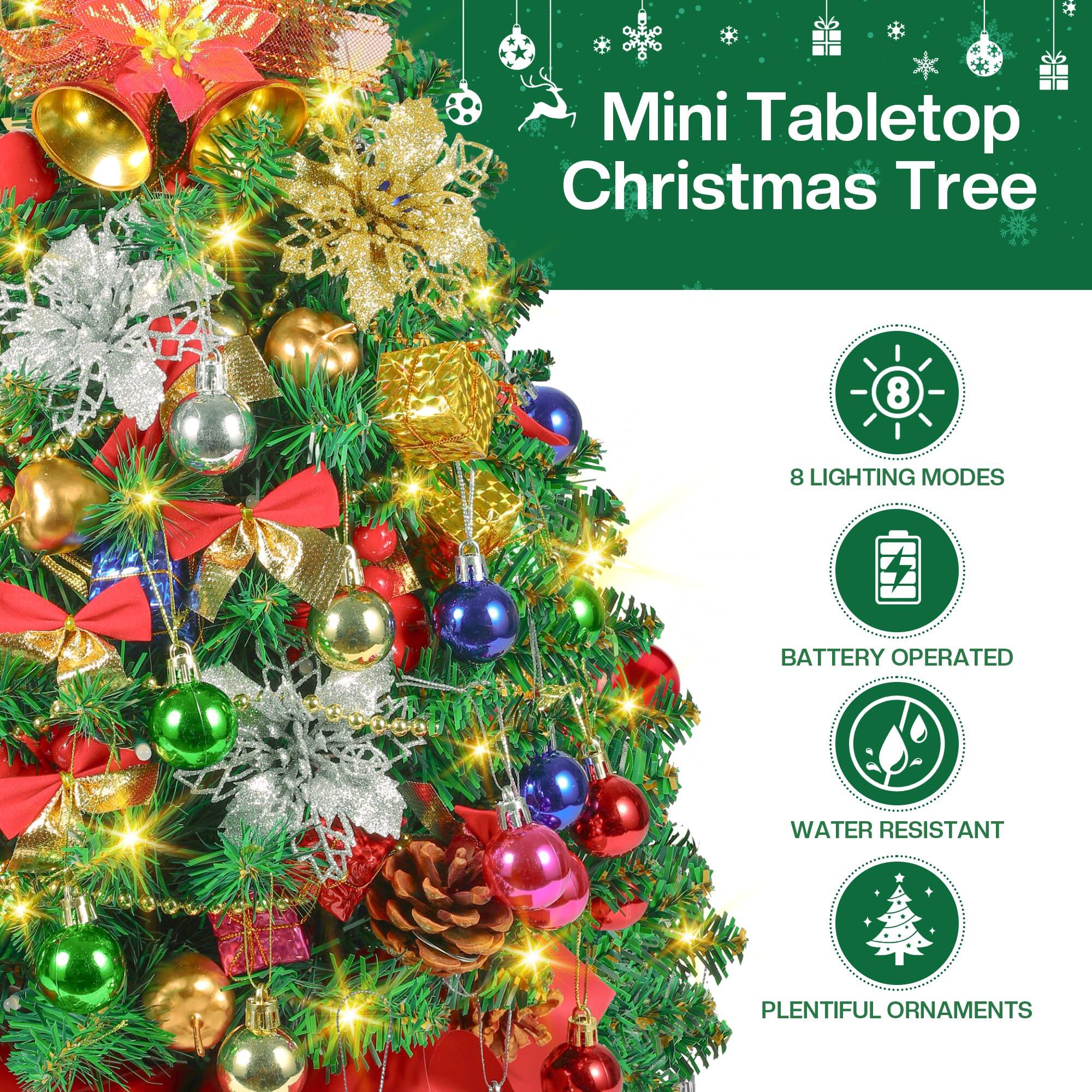 Mini Tabletop Christmas Tree

- 8 Lighting Modes
- Battery Operated
- Water Resistant
- Plentiful Ornaments