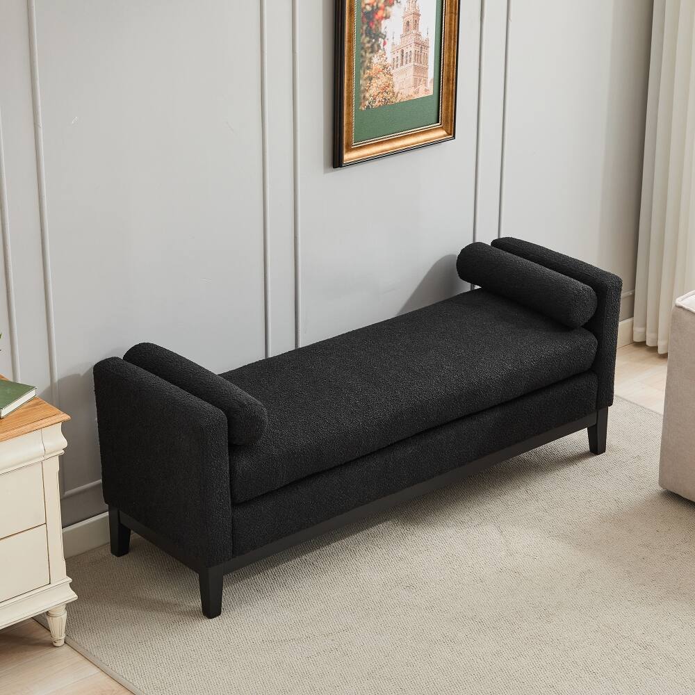 Back. Ropilly - Ropilly Upholstered End of Bed Bench Black Boucle Entryway Bench with Arms and Bolsters - Black.