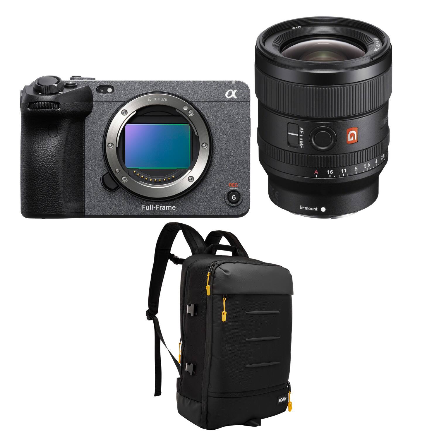 The image features a camera, a lens, and a backpack. The camera is an E-mount with an AF-MF 16-50mm lens. The backpack is black and designed to carry the camera and lens. The image also includes a close-up of the camera and lens, showcasing their details.