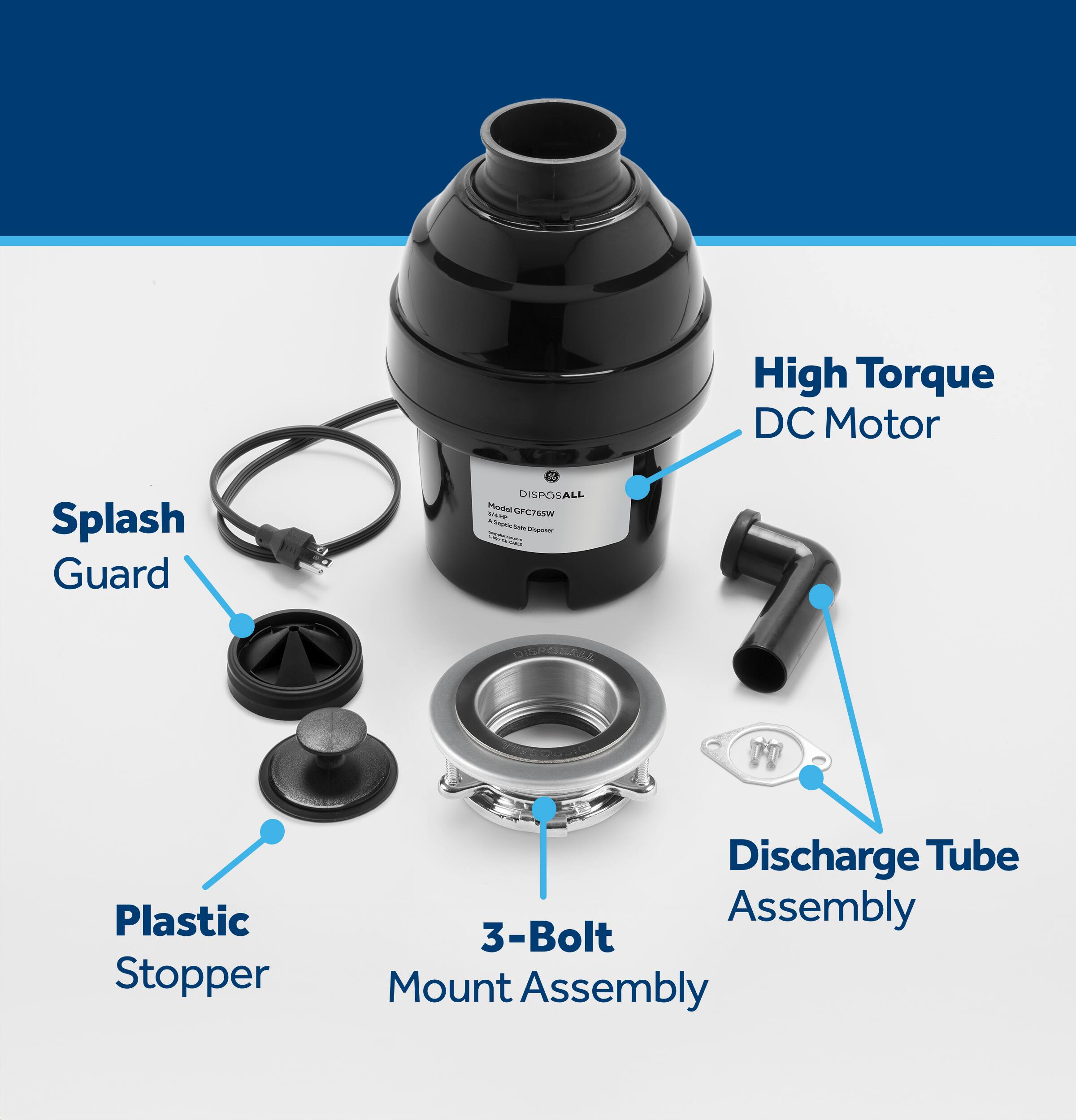 High Torque DC Motor Splash Guard DISPOSALL M OFCTEIW - - - - - - adds I PE Plastic Stopper Discharge Tube Assembly 3-Bolt Mount Assembly