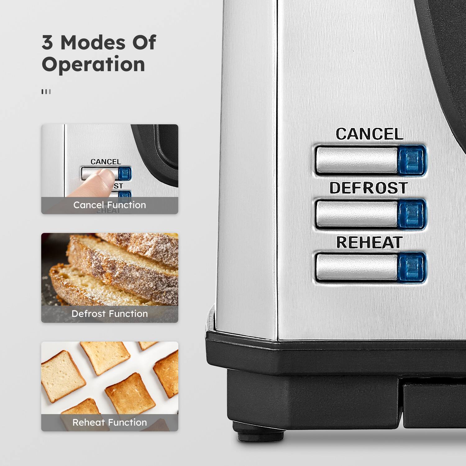 3 Modes Of Operation

CANCEL  
CANCEL  
ST  
Cancel Function

DEFROST  
Defrost Function

REHEAT  
Reheat Function