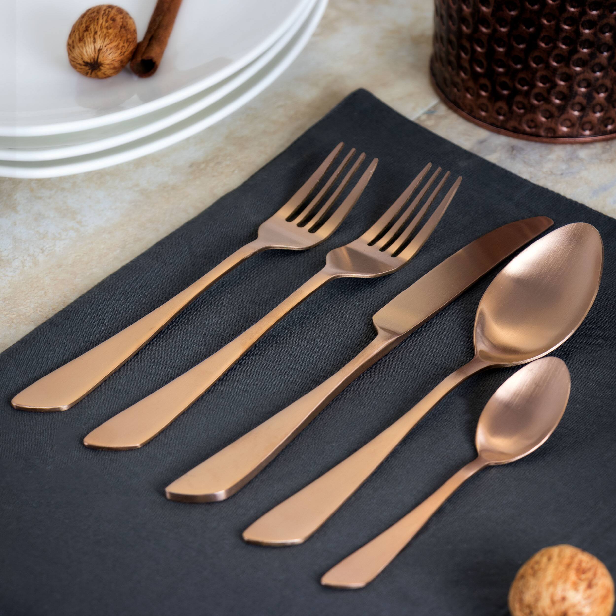 Alt View 4. MegaChef - MegaChef Gibbous 20 Piece Flatware Utensil Set, Stainless Steel Silverware Metal Service for 4 in Rose Gold Matte - Rose Gold.