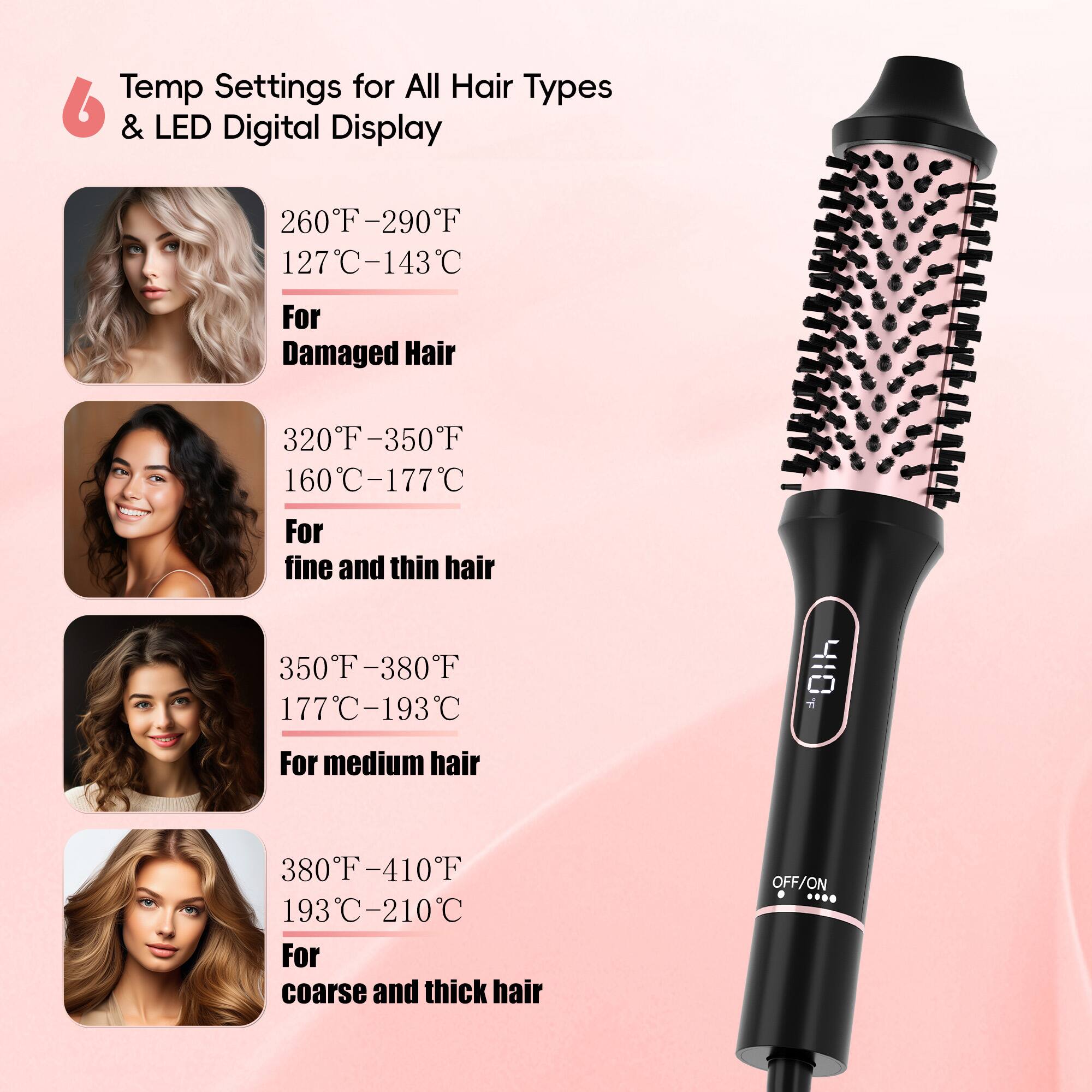 Temp Settings for All Hair Types & LED Digital Display

- 260°F – 290°F  
  127°C – 143°C  
  For Damaged Hair

- 320°F – 350°F  
  160°C – 177°C  
  For fine and thin hair

- 350°F – 380°F  
  177°C – 193°C  
  For medium hair

- 380°F – 410°F  
  193°C – 210°C  
  For coarse and thick hair

OFF/ON