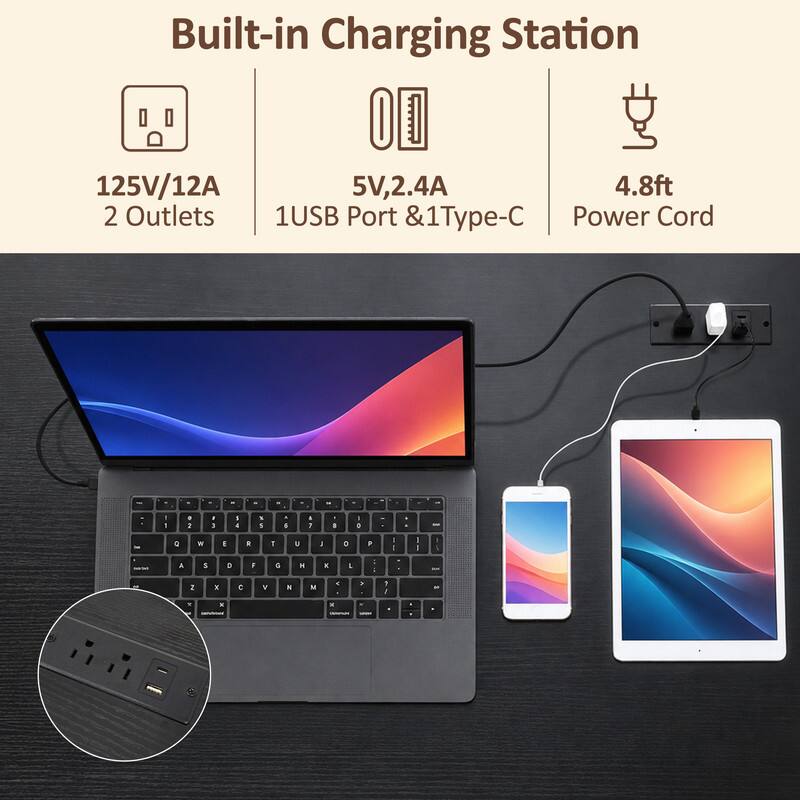 Built-in Charging Station  
125V/12A  
5V, 2.4A  
4.8ft  
2 Outlets  
1 USB Port & 1 Type-C  
Power Cord
