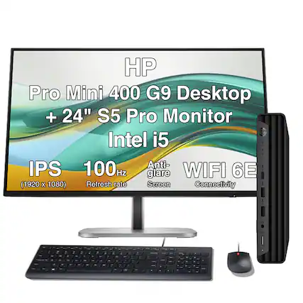 HP Pro Mini 400 G9 Desktop + 24" S5 Pro Monitor Intel i5 PRO MINI 100HZ Anti-IPS Hz glare WIFI 6E (1920 X 1080) Refresh rate Screen Connectivity