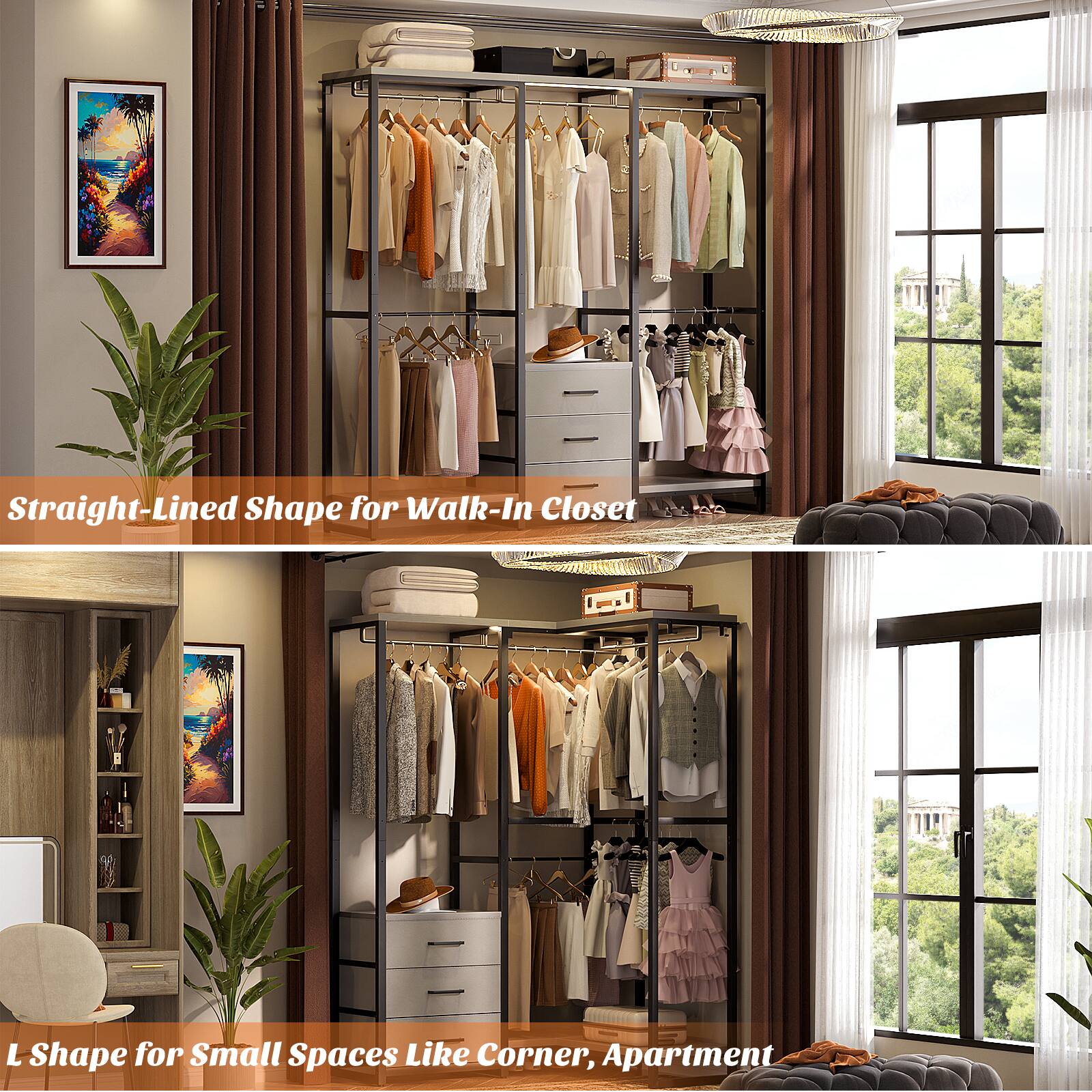 Straight-Lined Shape for Walk-In Closet  
L Shape for Small Spaces Like Corner, Apartment