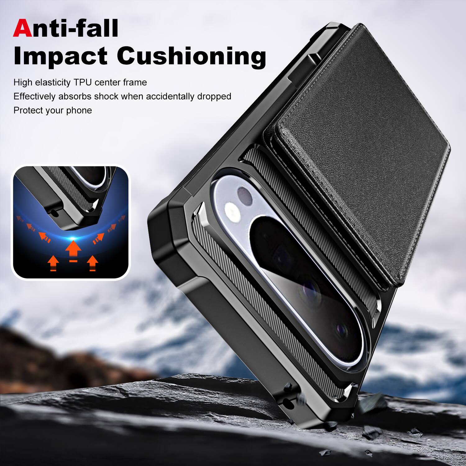 Anti-fall Impact Cushioning

High elasticity TPU center frame  
Effectively absorbs shock when accidentally dropped  
Protect your phone