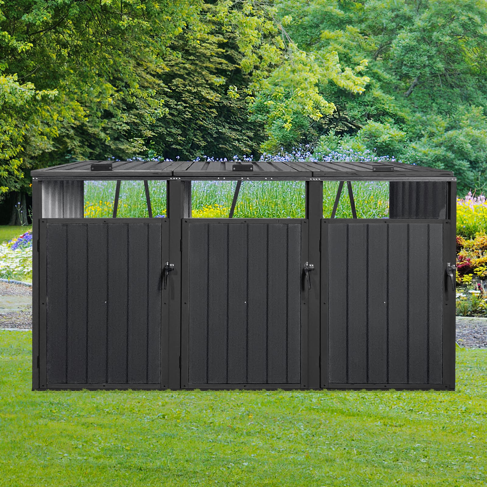 Mondawe - 3 Trash Cans Metal Outdoor Bin Shed - Black