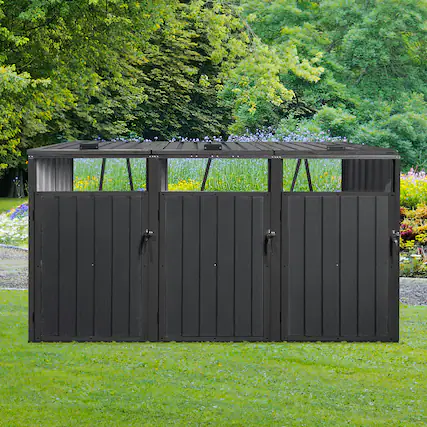 Front. Mondawe - 3 Trash Cans Metal Outdoor Bin Shed - Black.