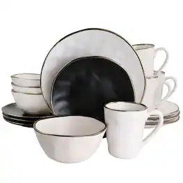 Elama - Roman 16 Piece Stoneware Dinnerware Set in Assorted Matte with Gold Rim - Assorted with Gold