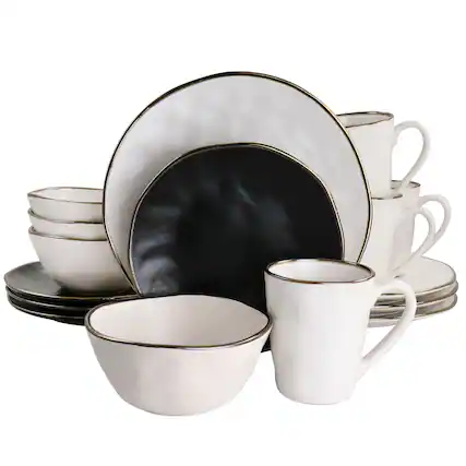 Front. Elama - Elama Roman 16 Piece Stoneware Dinnerware Set in Assorted Matte with Gold Rim - Assorted with Gold.