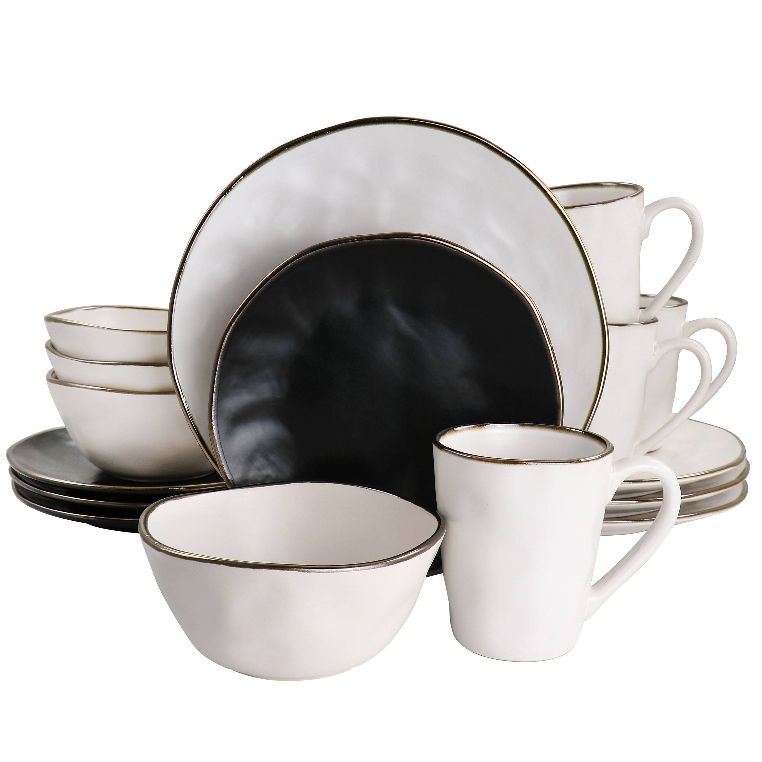 Front. Elama - Elama Roman 16 Piece Stoneware Dinnerware Set in Assorted Matte with Gold Rim - Assorted with Gold.