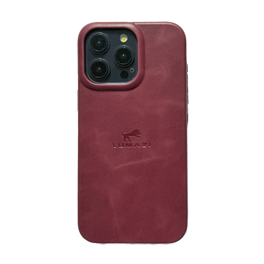 Back. LUMAZI - Handmade, Full Grain Leather, MagSafe iPhone 16 Pro Case - Pomegranate.