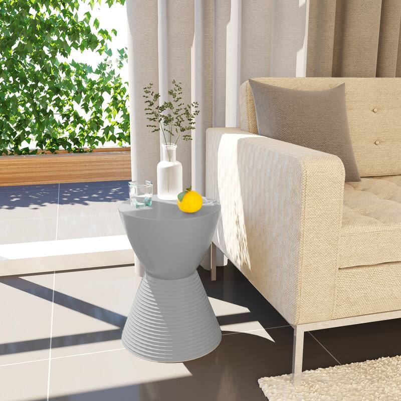 Alt View 2. LeisureMod - Boyd Modern Round Hourglass Accent Side Table, Drum Storage Table with Ribbed Base for Indoor/Outdoor - Light Grey.