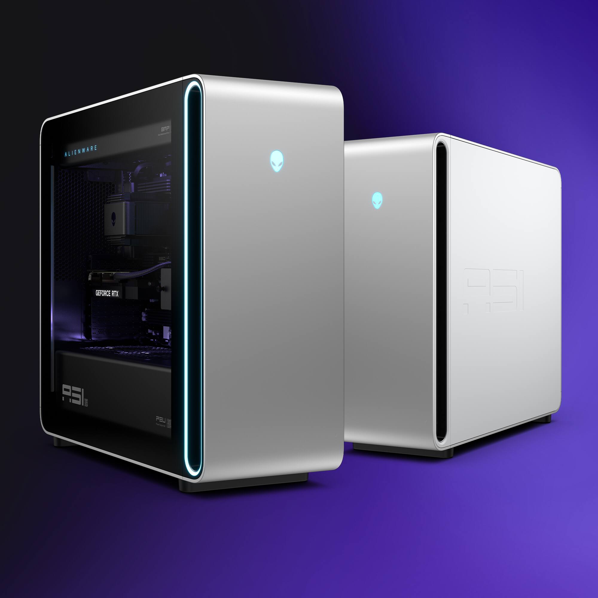 Alienware is a brand of computer hardware and peripherals, such as laptops and gaming keyboards. The image shows two Alienware computer towers, which are white and have blue lights on them. These towers are designed for gaming and other high-performance tasks.